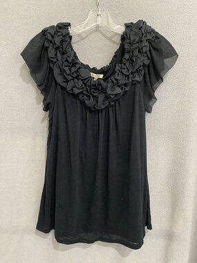 Bordeaux Los Angeles Black Ruffle Neck Blouse Women’s Medium Sheer Sleeve Top